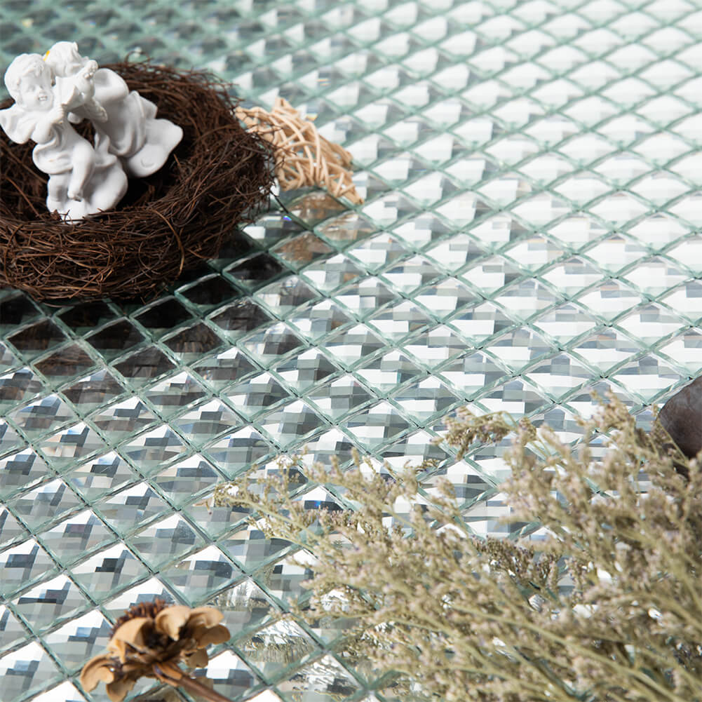 Diamond Beveled Crystal Square Mirror Glass Mosaic Tile Silver 12 x 12 Inch (5-Pack)